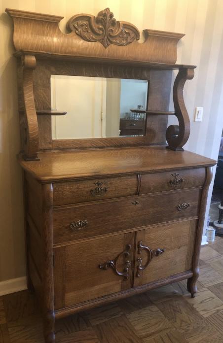 Antique American Quarter Sewn Oak Mirrored Console (1 of 8)