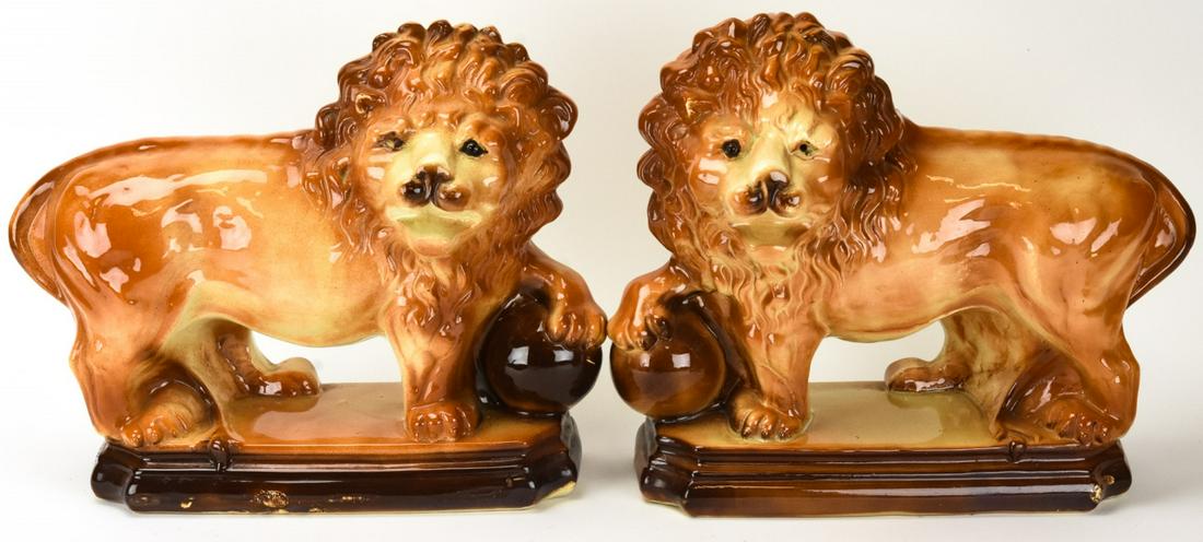 Pair Antique Staffordshire Porcelain Lion Statues (1 of 9)