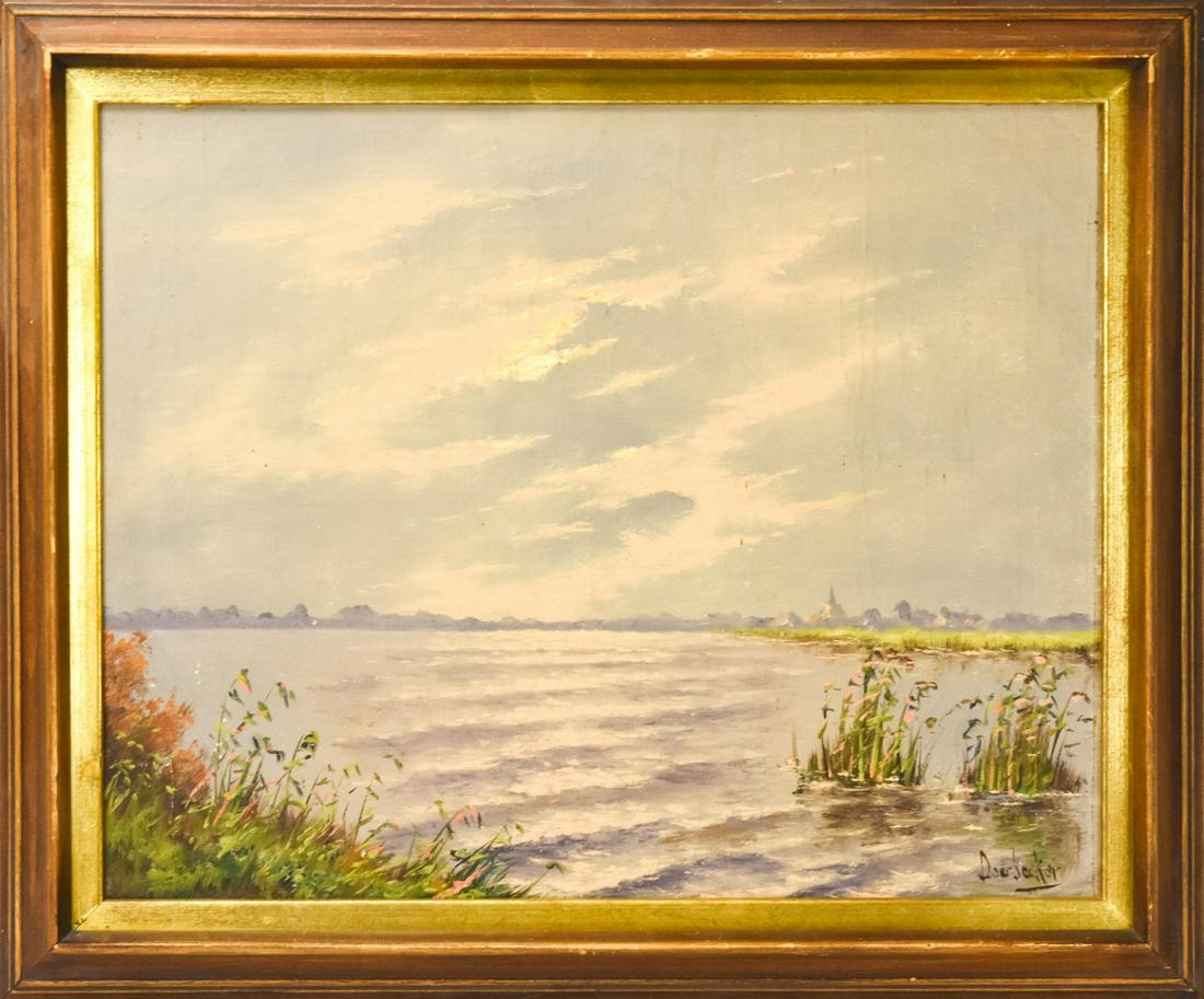 Signed Oil Painting of a Seascape at Sunset: Signed Oil Painting of a Seascape at Sunset. Oil on canvas painting depicting a seascape at sunset, signed illegibly in the lower right, possibly reads Doerjecker. Frame measures 20 inches x 24 inches