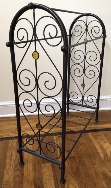 Wrought Iron Blanket Rack w Colored Glass Accents: Wrought Iron Blanket Rack w Colored Glass Accents. Powder coated black wrought iron blanket rack with inlaid colored glass accents. 36 inches x 31 inches x 13 inches