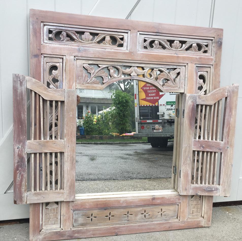 Architectural Door Form Carved Mirror: Architectural Door Form Carved Mirror. Architectural door form mirror with opening doors, hand carved details. 36 inches x 36 inches.