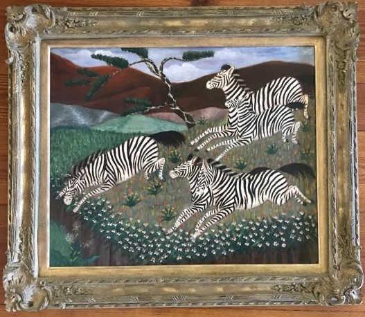 Lawrence Lebduska Oil Painting Zebra in Landscape: Lawrence Lebduska Oil Painting Zebra in Landscape. French Impressionist style frame. Signed. Measures 32.5 x 37.5 inches.