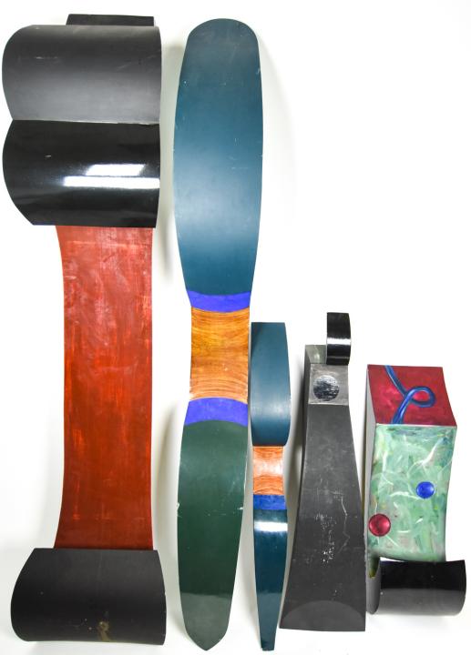 Yuval Shaul Signed Sculptural Elements: Yuval Shaul Signed Sculptural Elements. Painted wooden sculptural elements by artist Yuval Shaul. All pieces are signed and dated from the early 1990s. May be assembled to be a mobile or function as f