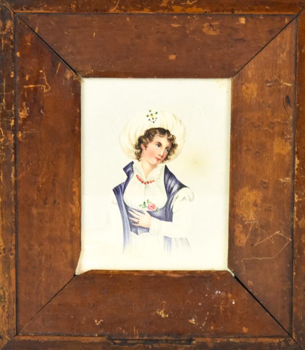 Antique 19th C Watercolor Painting Portrait Mini: Antique 19th C Watercolor Painting Portrait Miniature of a Lady in Regional Dress. Original carved wood frame. Measures 7.25 x 6.25 inches.