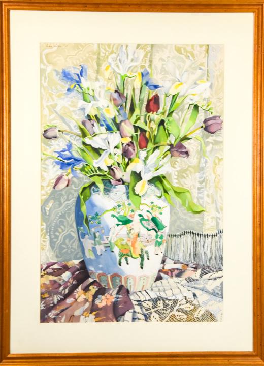 Julia Eisen Lester Asian Still Life Painting: Julia Eisen Lester Asian Still Life Painting. Floral still life watercolor painting on paper, flowers in Asian vase. Signed. Measures 38.5 x 28.5 inches. Professionally framed.