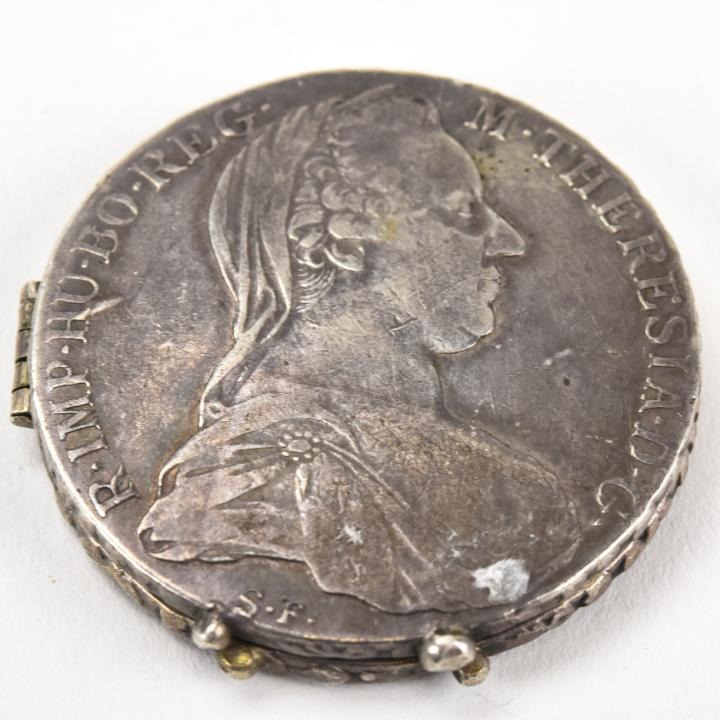 Antique Silver Continental Coin Mount Locket: Antique Silver Continental Coin Mount Locket. Locket picture frame made using two antique silver coins. One is inscribed R Inp Hu Bo Reg M Theresia Dg, other is inscribed Burg Co Tyr 1780. Measures 1.