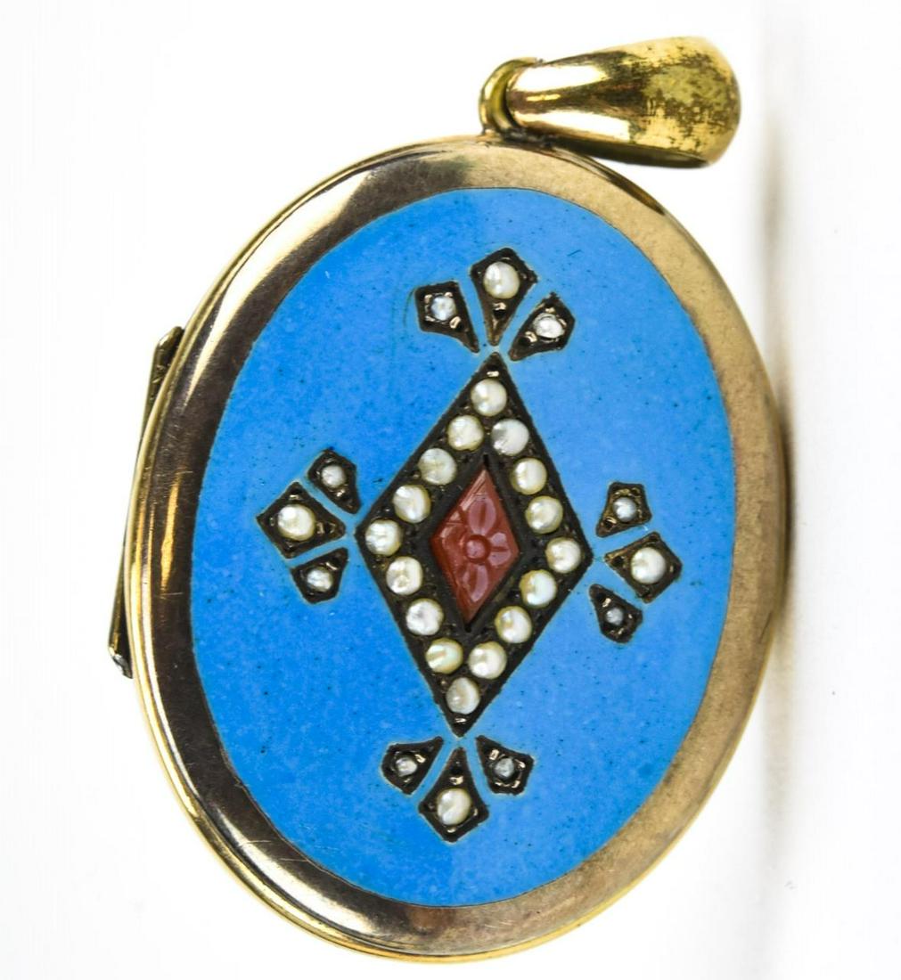 Antique 19th C Robins Egg Blue Enamel Locket: Antique 19th C Robins Egg Blue Enamel Locket. Set with seed pearls, gold filled. Measures nearly 2 inches in length.