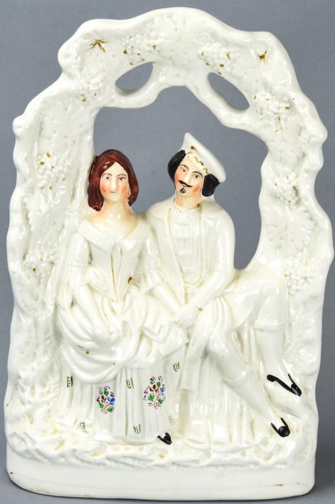 Antique 19th C English Staffordshire Large Statue: Antique 19th C English Staffordshire Large Scale Statue. Possibly depicting Romeo and Juliet. Measures 14 inches x 9.5 inches.