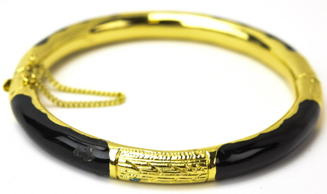 Vintage Gold Plated & Onyx Glass Bangle Bracelet: Chinese Form Vintage Gold Plated & Onyx Glass Bangle Bracelet. Safety chain. Measures 2.75 inches across the interior opening.