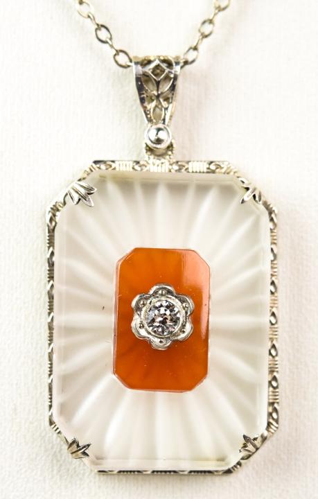 Antique Art Deco Frosted Glass Carnelian Necklace: Antique Art Deco Frosted Glass Carnelian Necklace. Chain measures 13.5 inches.