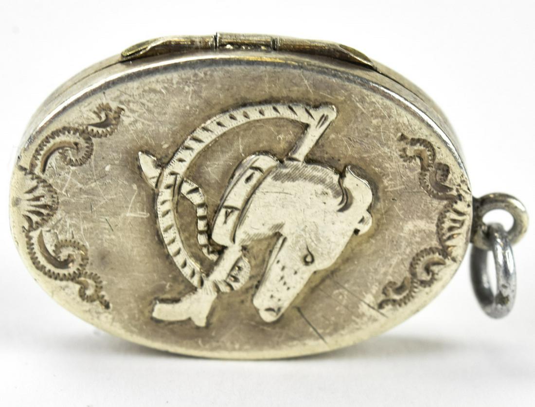 Antique 1916 English Sterling Silver Dog Locket: Antique 1916 English Sterling Silver Dog Locket. Antique English Circa 1916 sterling silver locket necklace pendant with whippet dog profile on front. Hallmarked on back for Sydenham Brothers, Birming