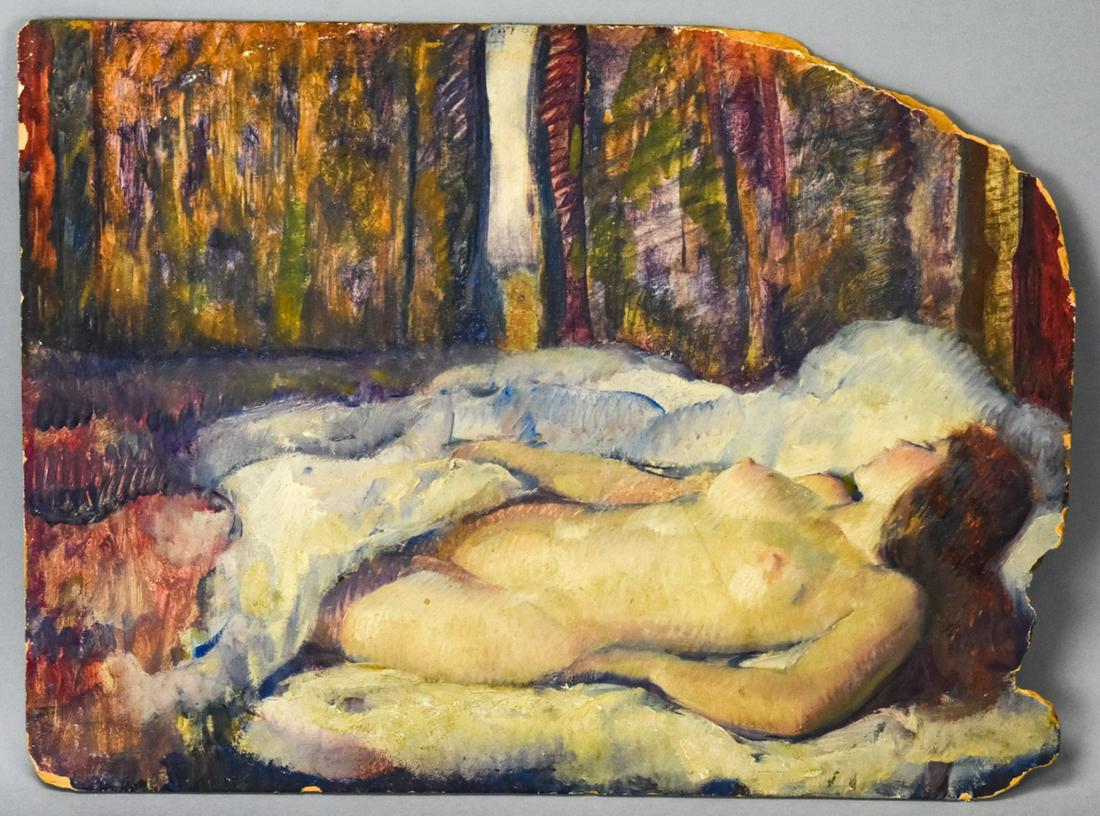Leon Kroll Pastel on Board of a Reclining Nude: Leon Kroll Pastel on Board of a Reclining Nude. Pastel on board depitcing a reclining female nude in bed, stamped "Certified Estate of Leon Kroll" on back. Measures 12 inches x 16 inches.