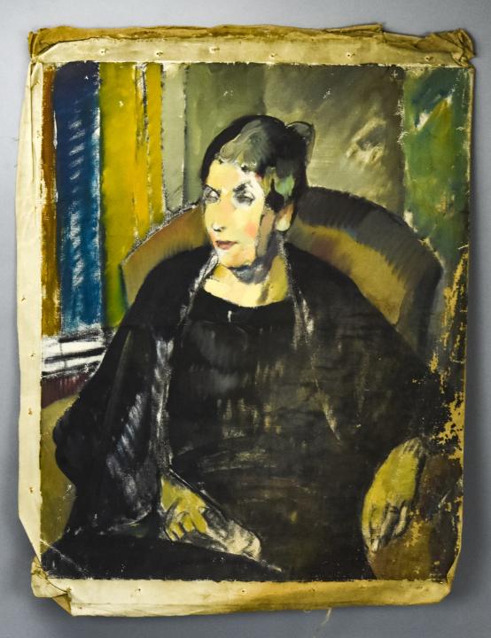 Leon Kroll Oil Painting Portrait of a Woman: Leon Kroll Oil Painting Portrait of a Woman. Oil on canvas painting depicting a seated woman in a black blouse, attributed to artist Leon Kroll. Measures 20 inches x 15.5 inches overall.