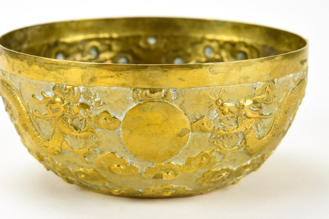 Antique Chinese Gilt Ormolu Chased Dragon Bowl: Antique Chinese Gilt Ormolu Chased Dragon Bowl. Measures 4.5 inches in diameter.