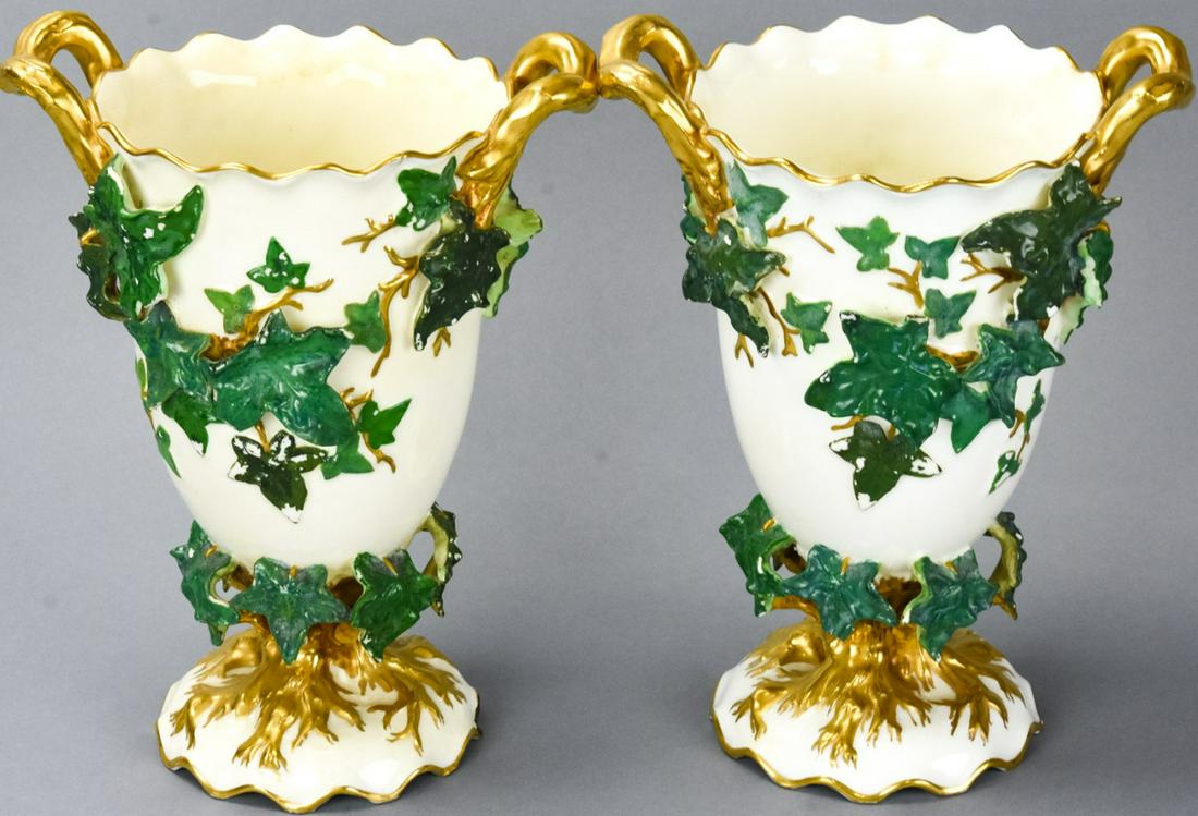 Pair Antique Coalport Ivy Motif Tabletop Urns (1 of 10)
