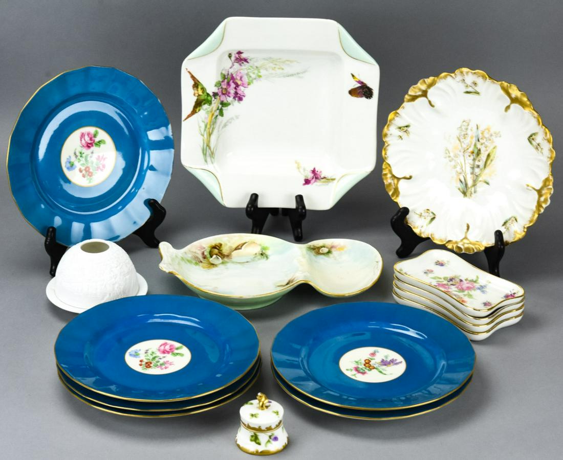 Collection Antique Limoges Porcelain Pieces: Collection Antique Limoges Porcelain Pieces. Limoges plate and service piece collection. Lunch plates measure 8.5 inches in diameter.