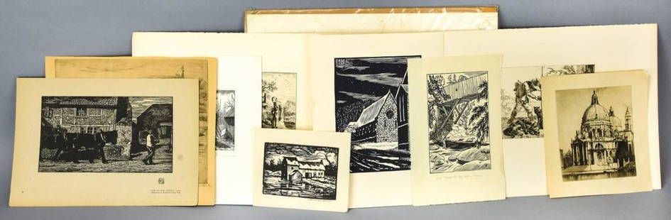 Collection Wood Blocks Engravings Incl Norman Kent: Collection Wood Blocks Engravings Incl Norman Kent. Collection of 10 wood block and engravings by various artists, including Norman Kent, E. Horler, Sydney Lee, Harry Cimino, Grace Alber, Power O'Mall