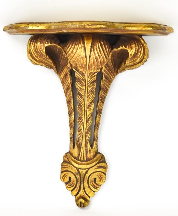 Italian Florentine Style Gilt Wall Bracket: Italian Florentine Style Gilt Wall Bracket. With feather plume motif. 11.5 inches x 10.5 inches x 4.75 inches.