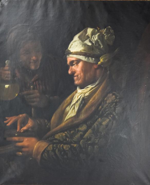 Antique Genre Scene Painting Signed CJ: Antique Genre Scene Painting Signed CJ. Antique oil on canvas painting depicting an elderly woman and man with a wine jug, signed with the initials CJ. 30 inches x 25 inches.