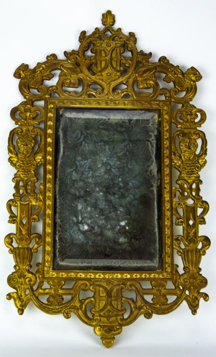 Antique 19th C Ormolu Baroque Revival Frame Mirror: Antique 19th C Ormolu Baroque Revival Frame Mirror. Measures 16 x 9 inches.