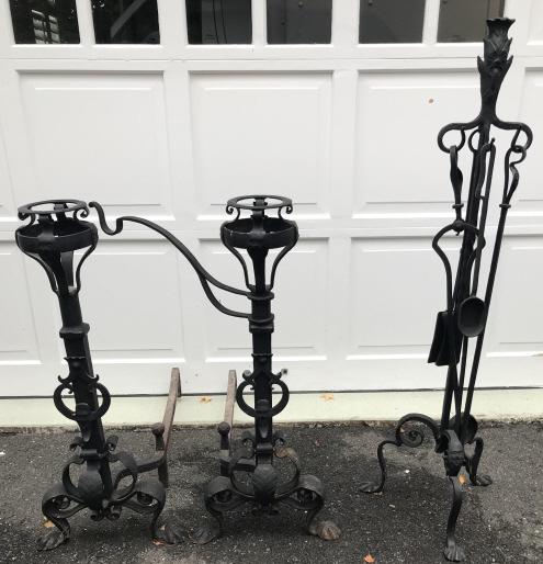 Antique Wrought Iron Fireplace Andirons & Tools: Antique Wrought Iron Fireplace Andirons & Tools. Each andiron measures 34 inches x 15.5 inches x 33 inches.