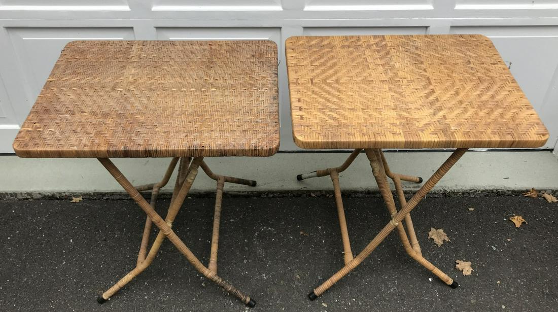 Pair Rattan Covered Folding / Tray Tables: Pair Rattan Covered Folding / Tray Tables. Each measures 26 inches x 24 inches x 18 inches.