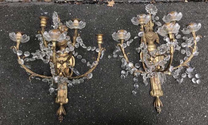 Pair of Ormolu & Crystal 5 Arm Wall Sconces: Pair of Ormolu & Crystal 5 Arm Wall Sconces. Each measures 21 inches x 16 inches x 10.5 inches.
