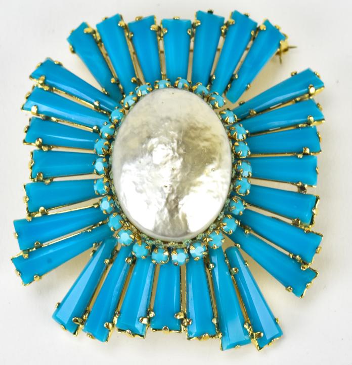Vintage Schreiner New York Large Scale Brooch: Vintage Schreiner New York Large Scale Brooch or Necklace Maltese Cross form. Set with faux turquoise and a large faux baroque pearl. Signed on back. Measures 2.75 x 2.25 inches.
