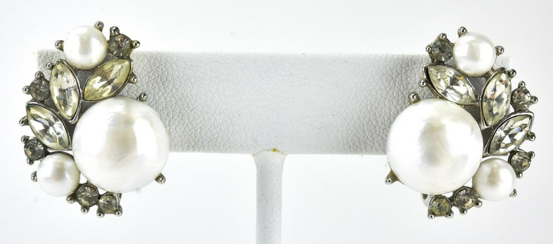 Trifari Faux Pearl & Rhinestone Cluster Earrings: Trifari Faux Pearl & Rhinestone Cluster Earrings. Pair clip earrings, circa 1970, signed on clip. Each measures just over 1 inch in length.