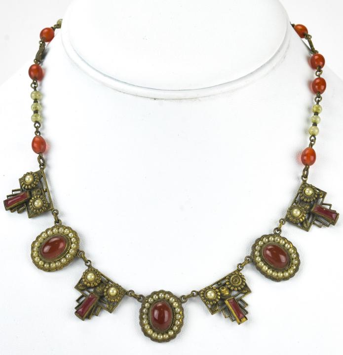 Antique Art Deco Faux Carnelian & Pearl Necklace: Antique Art Deco Faux Carnelian & Faux Pearl Necklace. Measures nearly 16 inches in length.