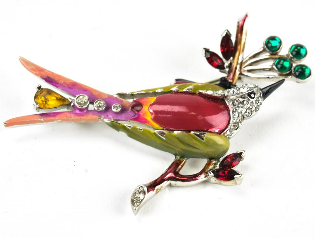 Mazer C 1935 Painted Enamel Bird Brooch: Mazer C 1935 Painted Enamel Bird Brooch. Rhodium plated, painted enamel and multi color paste, bird on branch design. Signed Mazer on back. Measures 2 inches x 2.5 inches.
