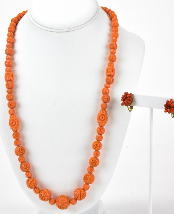 Miriam Haskell - Faux Coral Costume Jewelry: Faux Coral Costume Jewelry Incld Miriam Haskell. Earrings are marked Miriam Haskell.