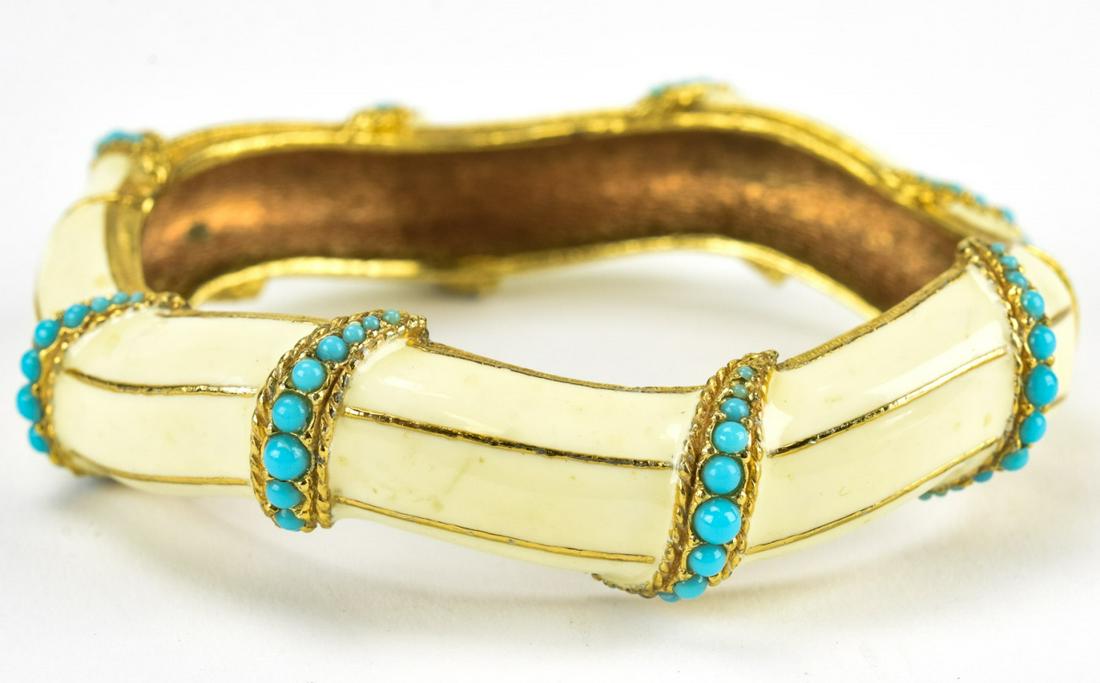 Ciner Enamel & Faux Turquoise Bangle Bracelet: Ciner Enamel & Faux Turquoise Bangle Bracelet. Hinged bangle bracelet with white enamel and faux turquoise stones. Marked Ciner on interior. Measures 2.25 inches across interior opening.