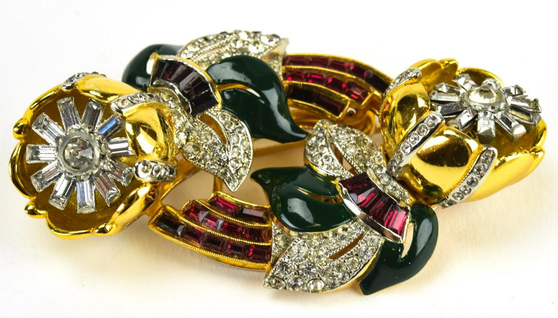 Coro Duette Circa 1940 Quivering Camellias Brooch: Coro Duette Circa 1940 Quivering Camellias Brooch. Early production quivering camellias brooch by Coro Duette with en tremblant flowers. Patent number 110296. Measures 3 inches x 1.5 inches.