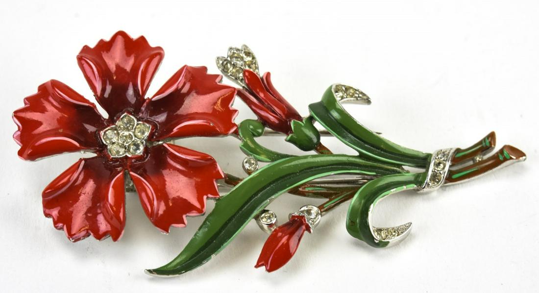Vintage Painted Enamel & Rhinestone Trifari Brooch: Vintage Painted Enamel & Rhinestone Trifari Brooch. Floral motif brooch with painted enamel and rhinestones. Signed on back. Measures nearly 3 inches in length.