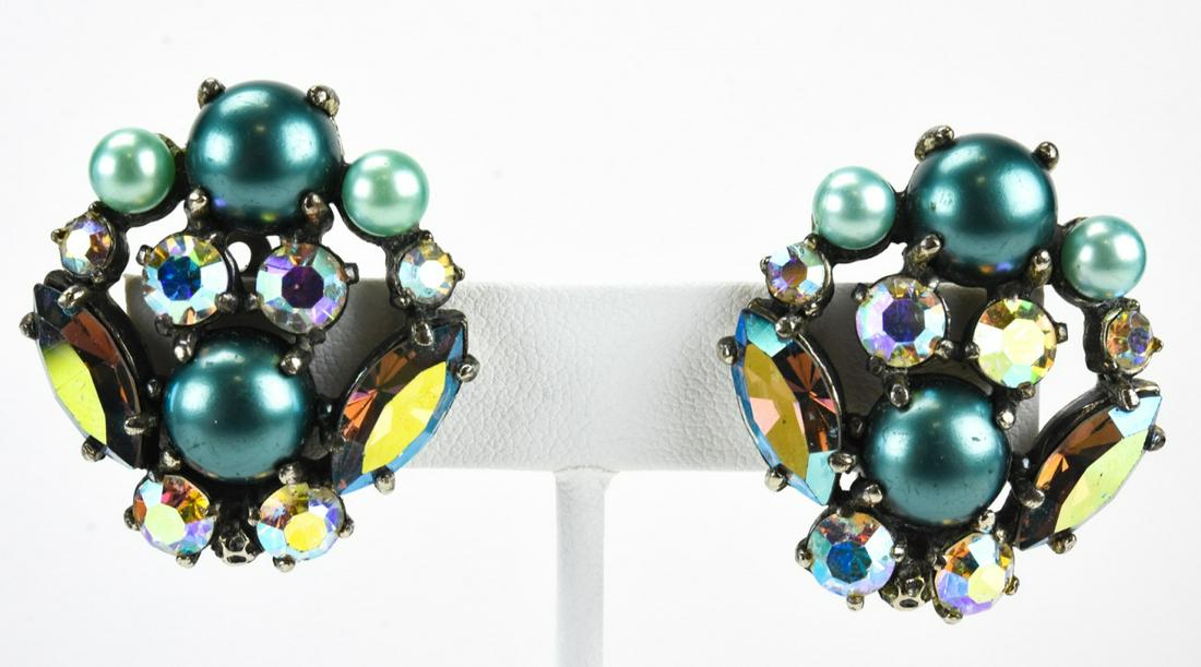 Elsa Schiaparelli Faux Pearl & Rhinestone Earrings: Elsa Schiaparelli Faux Pearl & Rhinestone Earrings. Pair vintage clip on earrings, signed. 1.25 inches in length.