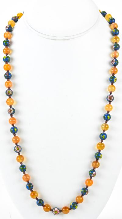 Estate Chinese Carnelian Cloisonne Enamel Necklace: Estate Chinese Carnelian & Cloisonne Enamel Necklace. Hand knotted. Measures 25 inches in length.