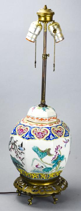 Vintage Ginger Jar Form Lamp Brass Base: Vintage Ginger Jar Form Lamp Brass Base. Dogwood, birds and decorative motifs in relief. Hand Painted. Brass reticulated base. 26 inches x 10 inches in diameter.