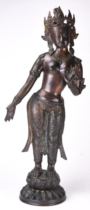 Antique Indonesian Bronze Statue of Female Dancer: Antique Indonesian Bronze Statue of Female Dancer. Bronze statue of female dancer with head dress on bronze pieced base. 29 inches x 13 inches in diameter.