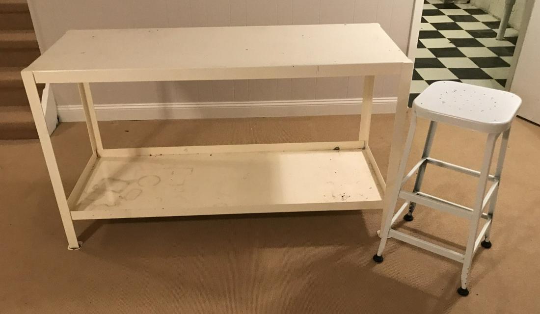 Vintage Metal Work Table & White Metal Stool (1 of 1)