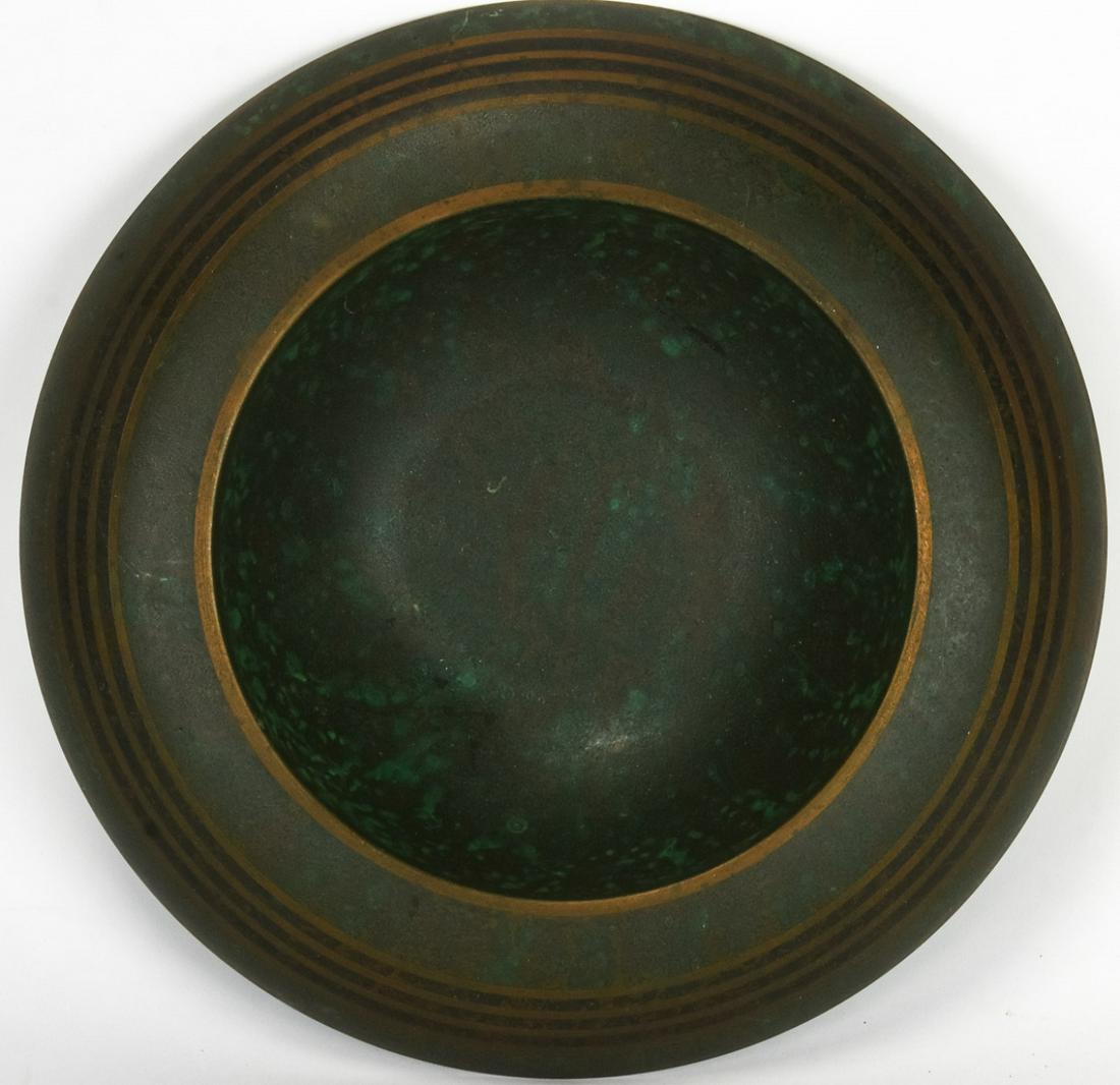 Art Deco Carl Sorensen Patinated Bronze Bowl: Art Deco Carl Sorensen Patinated Bronze Bowl. Signed at bottom. C. 1920. Measures 2.5 inches x 11 inches in diameter.