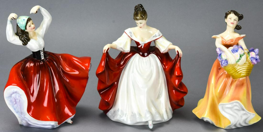 Vintage Royal Doulton 1980's Figures Young Women: Vintage Royal Doulton 1980's Figures Young Women. 3 figurines of young women including Sara, Karen, and Lesley. Hand made and hand painted bone china, dated in the 1980's. Made in England. Approximate