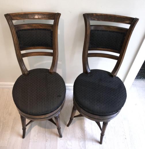 Pair Antique Edwardian Revolving Inlaid Chairs: Pair Antique Edwardian Revolving Inlaid Chairs. Each measures 35 inches x 15 inches x 15 inches.
