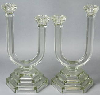 Antique Pair Art Deco Pressed Glass Candlesticks: Antique Pair Art Deco Pressed Glass Candlesticks with double arms. 12 inches x 6 inches