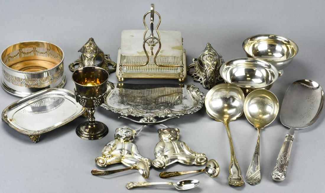 Collection Silver Plate Table Top + Serving Items: Collection Silver Plate Table Top + Serving Items. Includes wine holder, small bowls, crumb tray, large fish server and more.