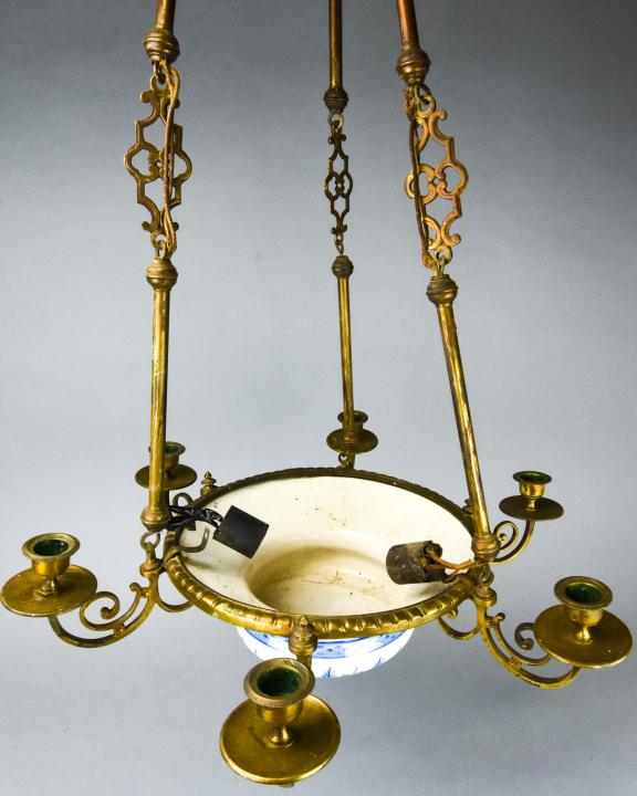Antique Delft Porcelain Bowl Brass Chandelier (1 of 6)