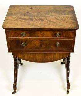 Antique Burled Wood Chippendale Style Sewing Table: Antique Burled Wood Chippendale Style Sewing Table. Sewing side table on casters in the Chippendale style from the Norman Adams Antiques, London. 29 inches x 24 inches x 17 inches