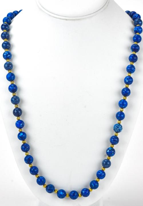 Vintage Sodalite Bead & Gold Bead Necklace Strand: Vintage Sodalite Bead & Gold Bead Necklace Strand. Round carved sodalite or lapis beads with alternating gold filled beads. Measures 28 inches in length.