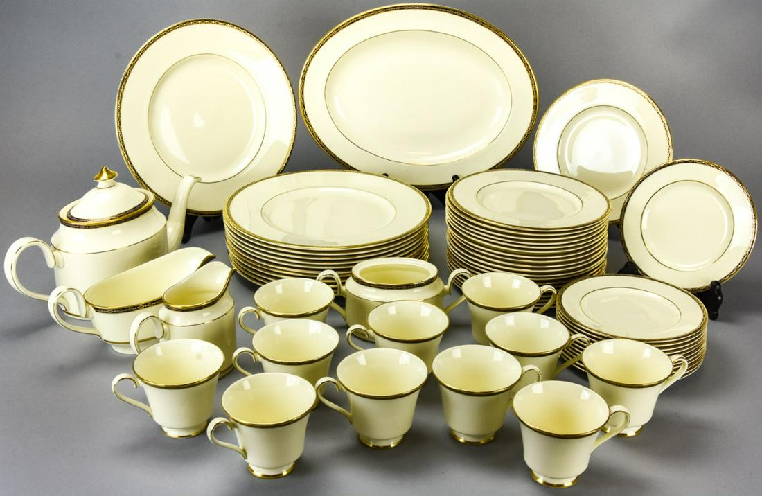 Minton Bone China St James Plates Service: Minton Bone China St James Plates Service. Service of ivory bone china with blue, green and gold rims includes 12 dinner plates, 20 lunch plates, 12 dessert plates, 10 coffee cups, serving platter, su