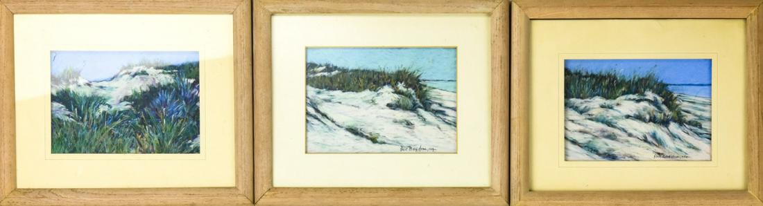 Alice Bach Hyde Trio Beach Front Pastels, Signed: Alice Bach Hyde Trio of Beach Front Pastels, Signed. Hyde is an award winning pastel artist. This is a trio of beach front pastels that are framed and signed by the artist. 9 inches x 11 inches